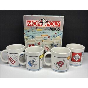 Vintage RARE Set Of 4 Monopoly Board Game Corners Mugs Collectible With Box